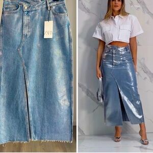 Metallic denim Zara midi skirt